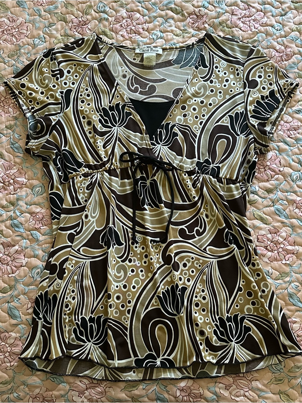 Vintage Made in USA Chocolate Brown & Tan Floral Polka Dot Print Women’s Top